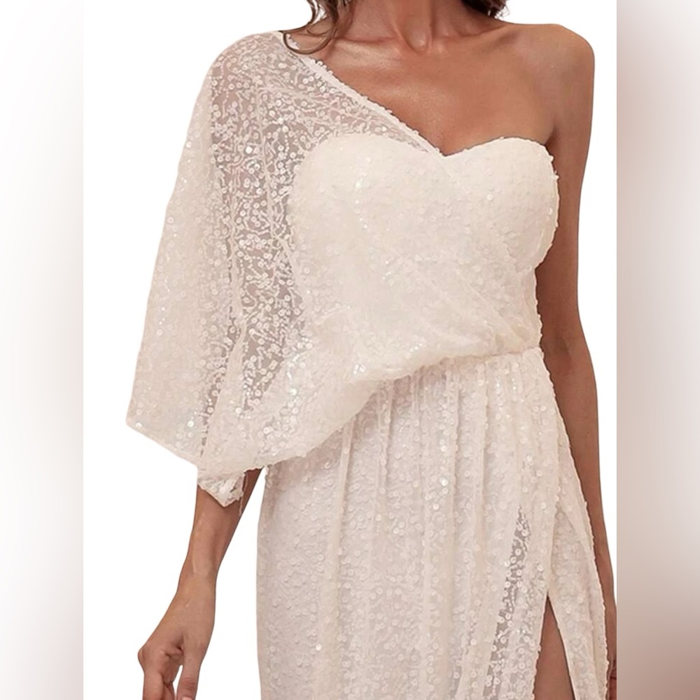 Chic One-Shoulder Off White Gown - Picture 4 of 6
